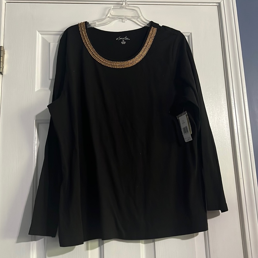 Kim Rogers black long sleeve brushed gold bead neck  nwot removed for laundering